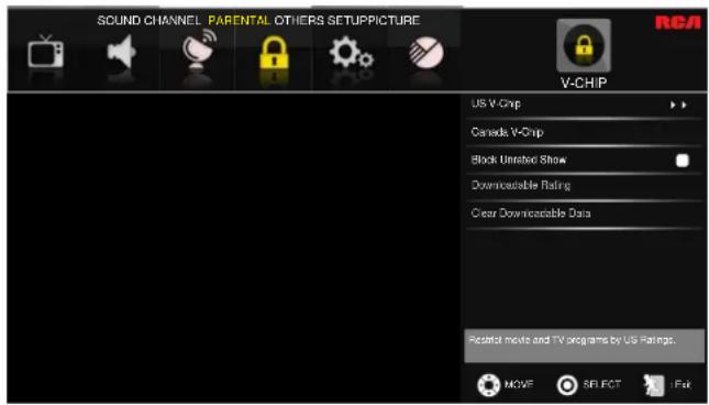 SOUND CHANNEL PARENTAL OTHERS SETUPPICTURE V-CHIP US V-Chip Canada V-Chip Block Unrated Show Downloadable Rating Clear Downloadable Data Recorded movies and TV programs by US Ratings. MOVE SELECT