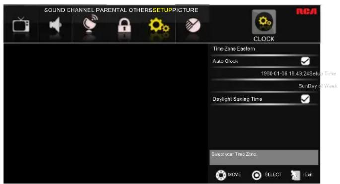 SOUND CHANNEL PARENTAL OTHERSSETUPPICTURE CLOCK Time Zone Eastern Auto Clock 1990-01-36 18:49:24/Setup Time Sunday & Week Daylight Saving Time Select your Time Zone. MOVE SELECT < Back