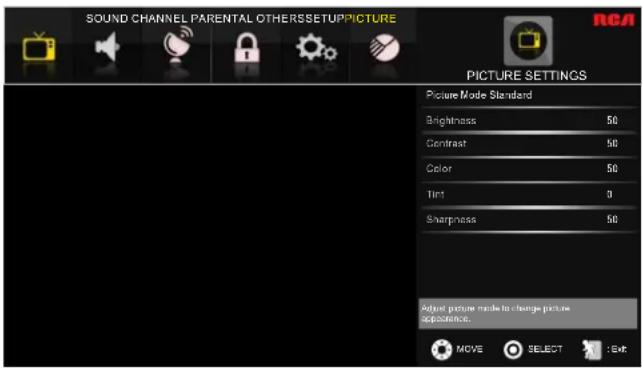 SOUND CHANNEL PARENTAL OTHERSSETUPPICTURE RCA PICTURE SETTINGS Picture Mode Standard Brightness 50 Contrast 50 Color 50 Tint 0 Sharpness 50 Adjust picture mode to change picture appearance. MOVE SELECT : Exit