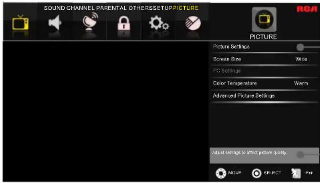 SOUND CHANNEL PARENTAL OTHERSSETUPPICTURE PICTURE Picture Settings Screen Size Wire PC Settings Color Temperature Warm Advanced Picture Settings Adjust settings to affect picture quality. MOVE SELECT Fair