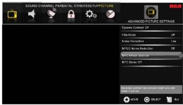 SOUND CHANNEL PARENTAL OTHERSSETUPPICTURE RGA ADVANCED PICTURE SETTINGS Dynamic Control Off Film Mode Off Noise Reduction Low MPEG Noise Reduction Off MFC Impact Masterline MFC Demo Off Material contract rate between bright and dark angle of picture MOVE SELECT Exit