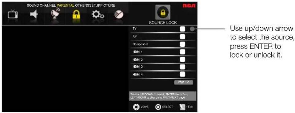 SOUND CHANNEL PARENTAL OTHERSSETUPPICTURE RCA SOURCE LOCK TV AV Component HDMI 1 HDMI 2 HDMI 3 HDMI 4 Page 12 Please UP DOWN to select, ENTER to confirm. LEFT RIGHT to change to PRI/LNEXT 1 page MOVE SELECT Exit
