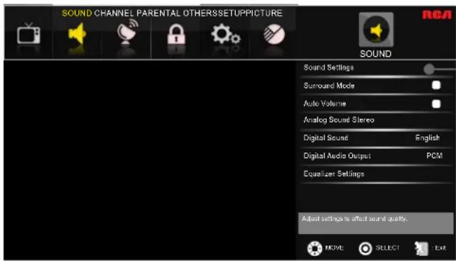 SOUND CHANNEL PARENTAL OTHERSSETUPPICTURE REI SOUND Sound Settings Surround Mode Auto Volume Analog Sound Stereo Digital Sound English Digital Audio Output PCM Equalizer Settings Adjust settings to affect sound quality. NEW SELECT Exit