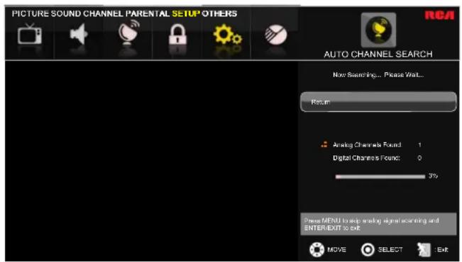 PICTURE SOUND CHANNEL PARENTAL SETUP OTHERS AUTO CHANNEL SEARCH New Searching... Please Wait... Recum Analog Channels Found 1 Digital Channels Found 0 37% Press MENU to skip analog signal scanning and ENTER/EXIT to exit MOVE SELECT : Exit