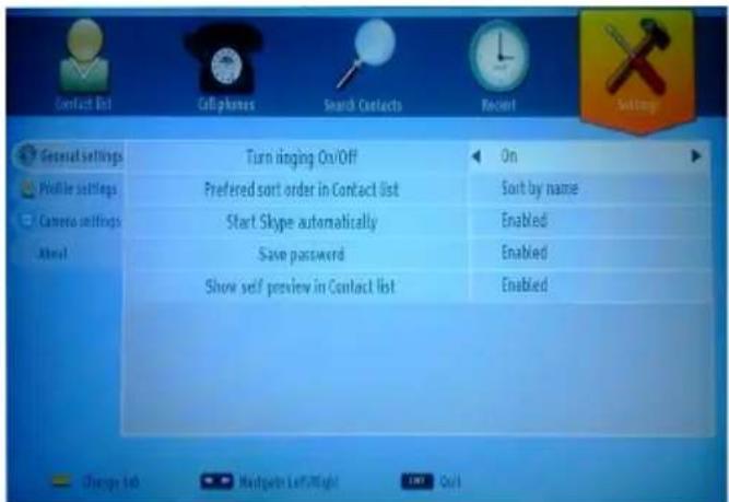 Contact List Cellphones Search Contacts Recent Settings General Settings Profile settings Camera settings About Turn ringing On/Off Preferred sort order in Contact list Start Skype automatically Save password Show self preview in Contact list On Sort by name Enabled Enabled Enabled