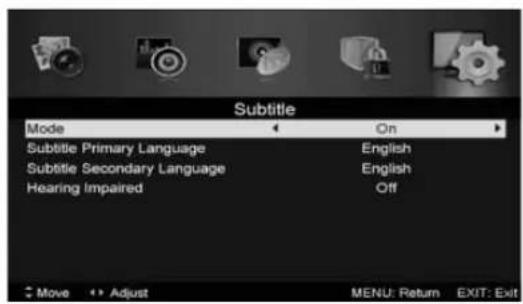 Subtitle Mode On Subtitle Primary Language English Subtitle Secondary Language English Hearing Impaired Off Move Add Adjust MENU: Return EXIT: Exit