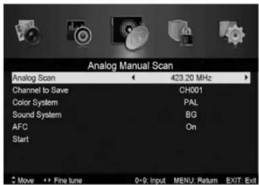 Analog Manual Scan Analog Scan 423.20 MHz Channel to Save CH001 Color System PAL Sound System BG AFC On Start Move Fine tune 0-9: Input MENU: Return EXIT: Exit