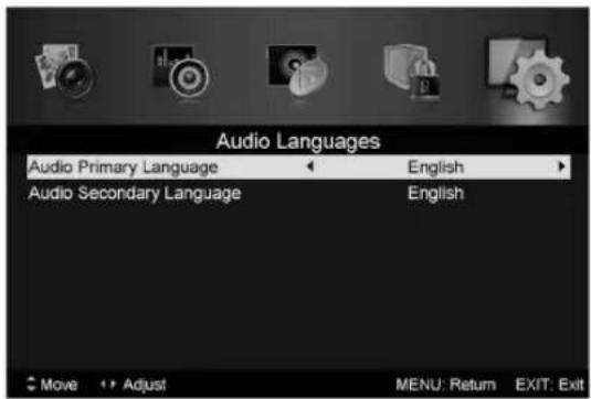 Audio Languages Audio Primary Language ← English → Audio Secondary Language English Move ↑↑ Adjust MENU: Return EXIT: Exit