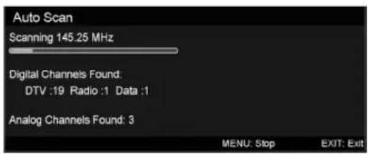 Auto Scan Scanning 145.25 MHz Digital Channels Found: DTV :19 Radio :1 Data :1 Analog Channels Found: 3 MENU: Stop EXIT: Exit