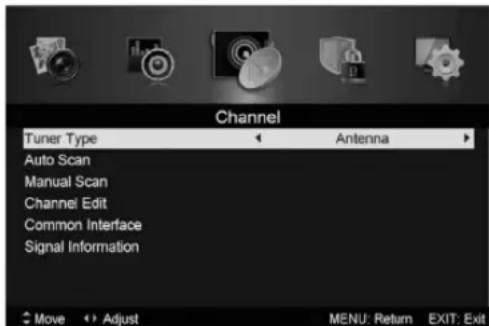 Channel Tuner Type ← Antenna ► Auto Scan Manual Scan Channel Edit Common Interface Signal Information Move ↕ Adjust MENU: Return EXIT: Exit