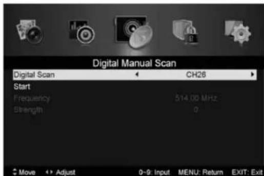 Digital Manual Scan Digital Scan ← CH26 → Start Frequency 514.00 MHz Strength 0 Move ↕ Adjust 0-9 Input MENU: Return EXIT: Exit