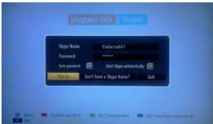 plugged into Skype Skype Name trialaccount41 Password ******** Sare password ✓ Start Skype automatically ✓ Sign In Don't have a Skype Name? Quit OK Select Cancel Default Target of password:? Don't save password. Don't start Skype automatically