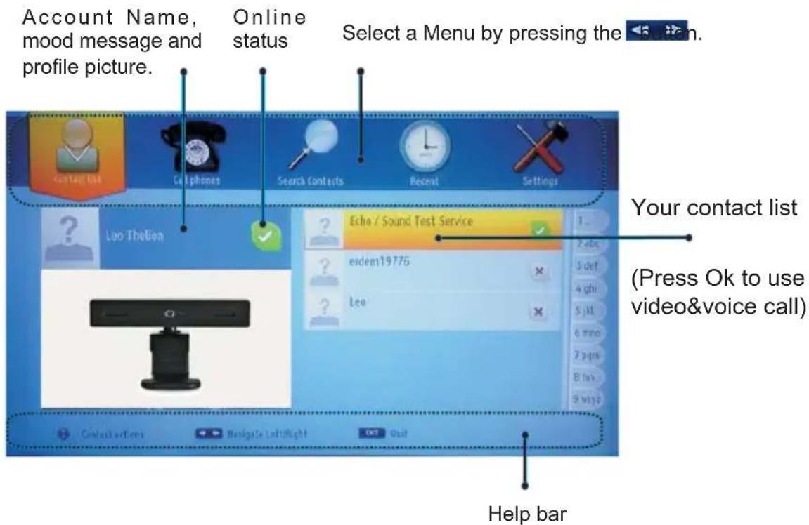 Account Name, mood message and profile picture. Online status Select a Menu by pressing the Your contact list (Press Ok to use video&voice call) Help bar