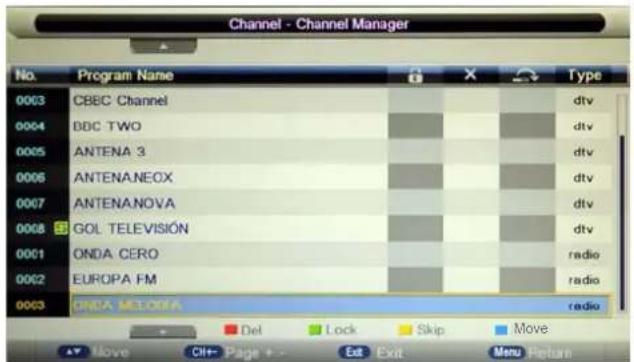 Channel - Channel Manager No. Program Name Type 0003 CBEC Channel dtv 0004 DBC TWO dtv 0005 ANTENA 3 dtv 0006 ANTENA NEOX dtv 0007 ANTENA NOVA dtv 0008 GOL TELEVISIÓN dtv 0001 ONDA CERO radio 0002 EUROPA FM radio 0003 ONDA MELOFIA radio