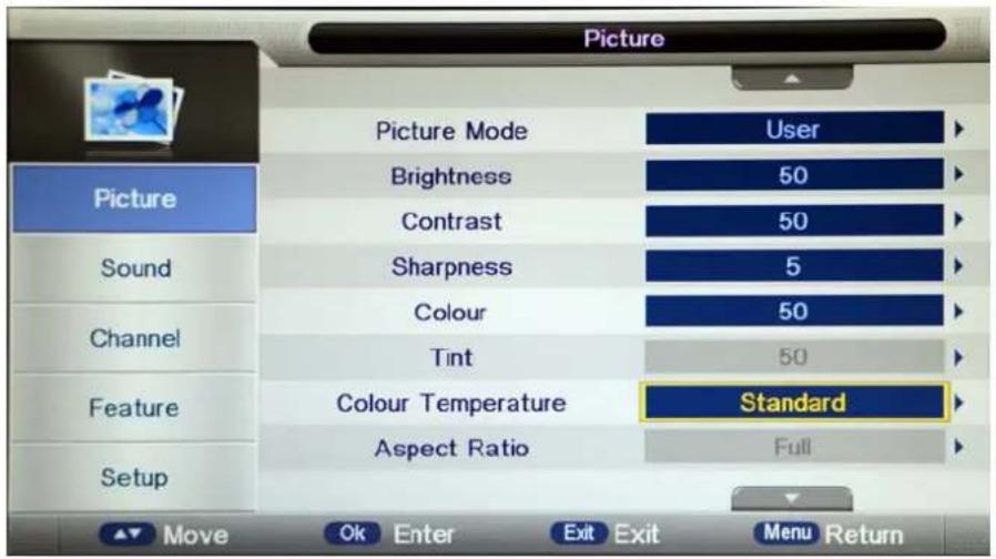 Picture Picture Mode User Brightness 50 Contrast 50 Sharpness 5 Colour 50 Tint 50 Colour Temperature Standard Aspect Ratio Full Picture Sound Channel Feature Setup Move Ok Enter Exit Exit Menu Return