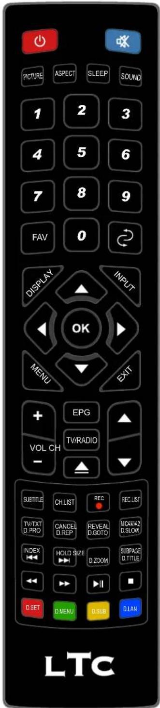 PICTURE ASPECT SLEEP SOUND 1 2 3 4 5 6 7 8 9 FAV 0 DISPLAY INPUT OK MENU EXIT + EPG TV/RADIO VOL CH - SUBTITLE CH LIST REC REC LIST TV/TXT D.PRO CANCEL D.REP REVEAL D.GOTO MC4M42 D.SLOW INDEX HOLD SIZE D.ZOOM SUBPAGE D. TITLE ← → I D.SET D.MENU D.SUB D.LAN LTC