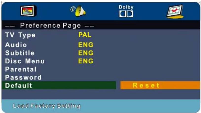 -- Preference Page -- TV Type PAL Audio ENG Subtitle ENG Disc Menu ENG Parental Password Default Reset Load Factory Setting