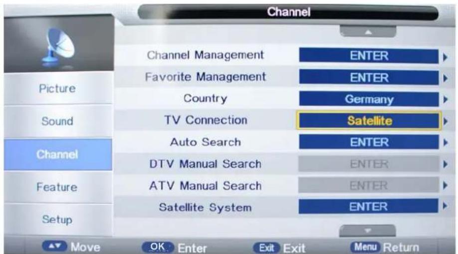 Channel Picture Sound Channel Feature Setup Channel Management Favorite Management Country TV Connection Auto Search DTV Manual Search ATV Manual Search Satellite System ENTER ENTER Germany Satellite ENTER ENTER ENTER ENTER ENTER Move OK Enter Exit Exit Menu Return