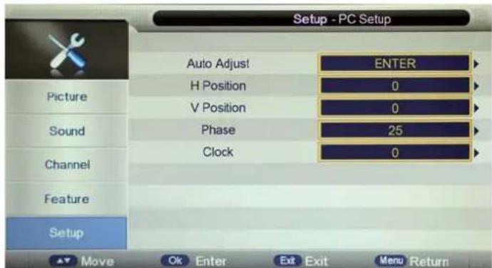 Setup - PC Setup Auto Adjust ENTER H Position 0 V Position 0 Sound Phase 25 Clock 0 Channel Feature Setup Move Ok Enter Exit Exit Menu Return