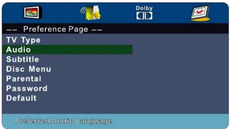 -- Preference Page -- TV Type Audio Subtitle Disc Menu Parental Password Default Preferred Audio Language