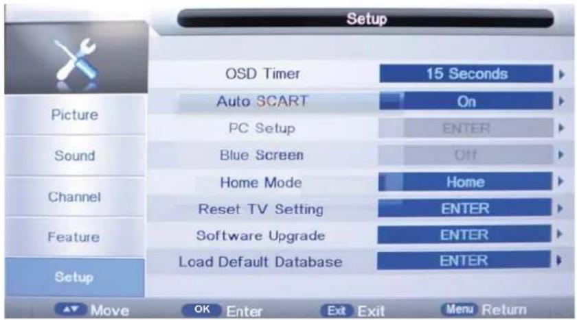 Setup OSD Timer 15 Seconds Auto SCART On PC Setup ENTER Blue Screen Off Home Mode Home Reset TV Setting ENTER Software Upgrade ENTER Load Default Database ENTER Picture Sound Channel Feature Setup Move OK Enter Exit Exit Menu Return
