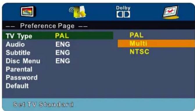 -- Preference Page -- TV Type PAL PAL Audio ENG Multi Subtitle ENG NTSC Disc Menu ENG Parental Password Default Set TV Standard