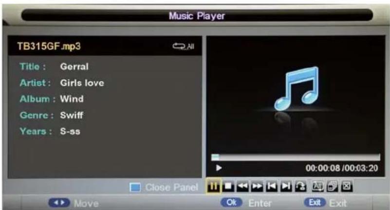 Music Player TB315GF.mp3 Title : Gerral Artist : Girls love Album : Wind Genre : Swiff Years : S-ss 00:00:08 /00:03:20 Close Panel Move Ok Enter Exit Exit
