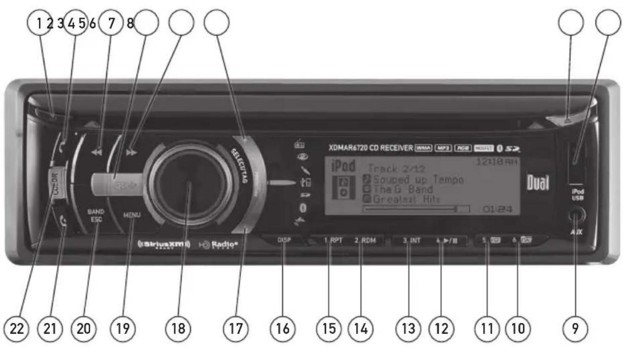 1 2 3 4 5 6 7 8 C-DR BAND ESC MENU iSiriusXmi Radio* XDMAR6720 CD RECEIVER WMA MP3 RGB MODE1 S iPod Track 2/12 12:18 AM Souped up Tempo The G Band Greatest Hits 01:24 Dual iPod USB AUX DISP 1 RPT 2 ROM 3 INT 4 /II 5 6 9 22 21 20 19 18 17 16 15 14 13 12 11 10 9