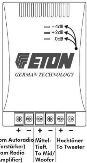ETON GERMAN TECHNOLOGY + - + - + - om Autoradio (erstärker) om Radio amplifier) Mittel- Tieft. To Mid/ Woofer Hochtöner To Tweeter