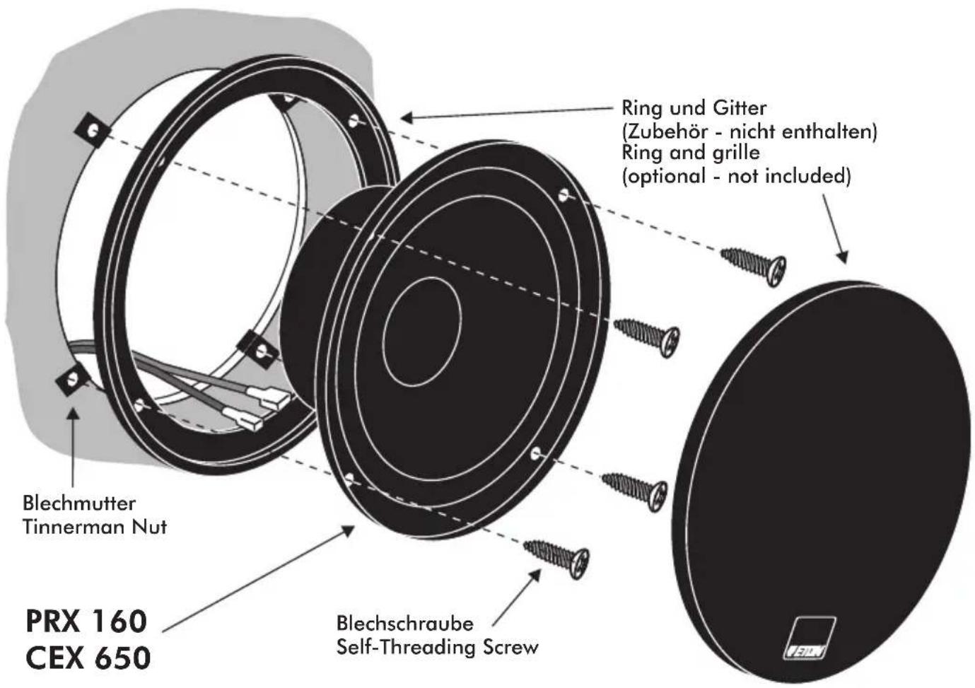 Ring und Gitter (Zubehör - nicht enthalten) Ring and grille (optional - not included) Blechmutter Tinnerman Nut PRX 160 CEX 650 Blechschraube Self-Threading Screw