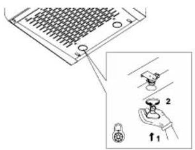 Diagram showing a device with labeled parts and an inset view of a hand holding a knob labeled '2' and a scroll labeled '1'.