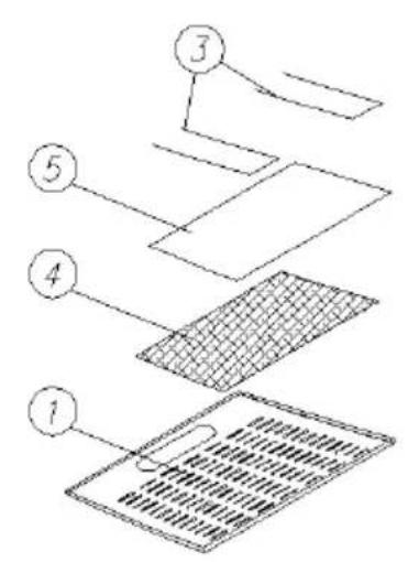 Diagram of a layered electronic component with numbered parts, likely for assembly or manufacturing instructions.