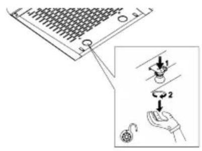 Diagram showing a hand holding a device with two labeled parts, one pointing to a grid-patterned panel and the other to a hand holding a watch with a scroll.