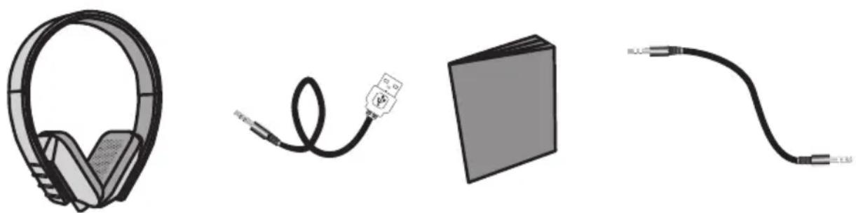 Illustration of four electronic devices: headphones, cable, and USB cable (no text or symbols)