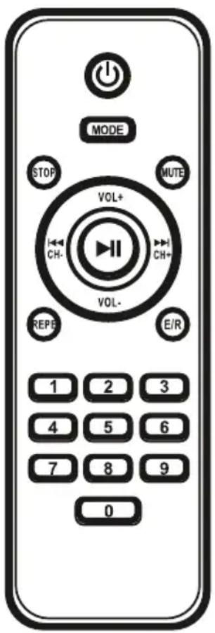 MODE STOP MUTE VOL+ CH- CH+ VOL- E/R REPE 1 2 3 4 5 6 7 8 9 0
