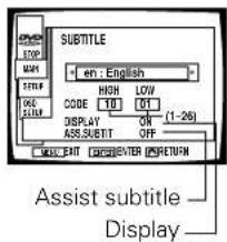 SUBTITLE EN: English HIGH LOW CODE 10 01 DISPLAY ON (1-26) ASS.SUBTIT OFF ASIST SUBTITLE Display