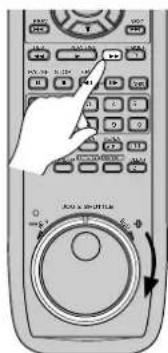 Diagram of a remote control with hand pointing at function keys and rotary dial, showing navigation buttons and control buttons.