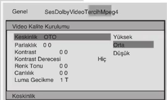 Genel SesDolbyVideoTercihMpeg4 Video Kalite Kurulumu Keskinlik OTO Yüksek Parlaklık 0 0 Orta Kontrast 0 0 Düşük Kontrast Derecesi Hiç Renk Tonu 0 0 Canlılık 0 0 Luma Gecikme 1 T Keskinlik