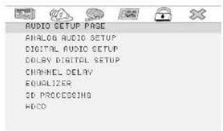 AUDIO SETUP PAGE ANALOG AUDIO SETUP DIGITAL AUDIO SETUP DOLRY DIGITAL SETUP CHANNEL DELAY EQUALIZER 3D PROCESSING HCCD