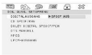 DIR. AUSB. SETUPMenu DIGITALUSBANG ▶SPDIF AUS CD SPDI/PGN DOLEY DIGITAL SPSDIF/PGN DTS MANUELL MP30 LPCN-USBANG