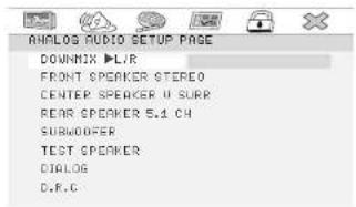 ANALOG AUDIO SETUP PAGE DOWNIX ►LIR FRONT SPEAKER STEREO CENTER SPEAKER U SURP REAR SPEAKER 5.1 CH SUBWOOFER TEST SPEAKER DIALOG D.R.C.