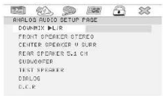 ANALOG AUDIO SETUP PAGE DOWNIX ►LIR FRONT SPEAKER STEREO CENTER SPEAKER U SURB REAR SPEAKER 5.1 CH SUBWOOFER TEST SPEAKER DIALOG D.C.P