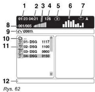 1 2 3 4 5 6 7 01:23 04:21 128 A 001/005 0001 8 9 10 11 01- DSG 1117 02- DSG 1100 03- DSG 0000 04- DSG 0150 12 Rys. 62