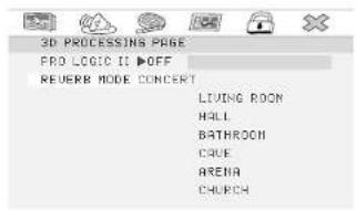 3D PROCESSING PAGE PRO LOGIC II ▶OFF REVERB MODE CONCERT LIVING ROOM HALL BATHROOM CAKE ARENA CHURCH