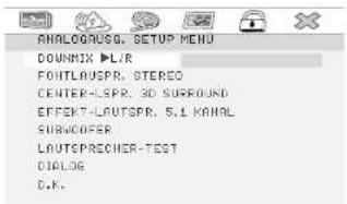 ANALOGAGUG. SETUP MENU DOWNIX ▶LIR FOITLAUSPR. STEREO CENTER-LSPR. 3D SURROUND EFFEKT-LAUTSPR. 5.1 KAHAL SUBMOFER LAUTSPRECHER-TEST CIALOG G.K.
