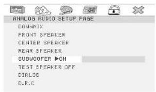 ANALOG AUDIO SETUP PAGE COUNKIX FRONT SPEAKER CENTER SPEAKER REAR SPEAKER CUBWOOTER ▶ON TEST SPEAKER OFF DIALOG D.R.G
