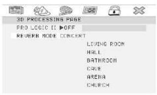 3D PROCESSING PAGE PRO LOGIC II ▶OFF REVERB MODE CONCERT LIVING ROOM HALL BATHROOM CARE ARENA CHURCH