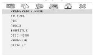 PREFERENCE PAGE TV TYPE ABC AUDIO SUBTITLE DISC MENU FARENTAL DEFAULT