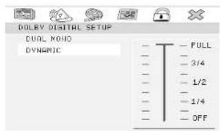 DOLBY DIGITAL SETUP DUAL MODE DYNAMIC - - FULL - - 3/4 - - 1/2 - - 1/4 - - OFF