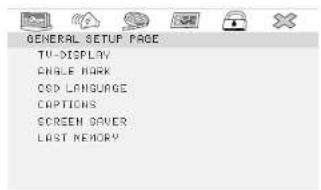 GENERAL SETUP PAGE TV-DISPLAY ANGLE WORK COLD LANGUAGE CAPTIONS SCREEN ROVER LAST MEMORY